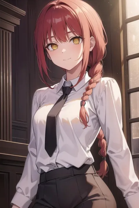 makima, <lora:chainsawmakima:1>, makima, long hair, smile, bangs, (small breasts:1.2), (yellow eyes:1.2), braid, red hair, braided ponytail, ringed eyes, BREAK shirt, long sleeves, white shirt, necktie, collared shirt, pants, black pants, formal, suit, black necktie, shirt tucked in, office lady, BREAK indoors, office, BREAK looking at viewer, BREAK <lora:GoodHands-vanilla:1>, (masterpiece:1.2), best quality, high resolution, unity 8k wallpaper, (illustration:0.8), (beautiful detailed eyes:1.6), extremely detailed face, perfect lighting, extremely detailed CG, (perfect hands, perfect anatomy),