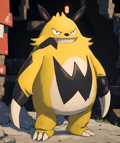 grizzbolt_palworld, standing, pokemon town, sugimori ken \(style\) <lora:Grizzbolt-15(2):0.8> <lora:pokemon_v3_offset:1>