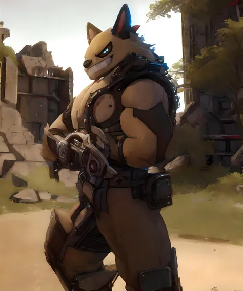 grizzbolt_palworld, (muscular:1.1), standing, fur, looking at viewer, evil grin, outdoor, armor, cogarmor2023, black long pants <lora:Grizzbolt:0.8> <lora:cogarmor2023:1>