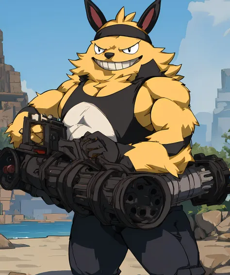 grizzbolt_palworld, (muscular:1.1), standing, fur, looking at viewer, evil grin, outdoor, flat color, black headband, holding gatling gun, black long pants, black tank top <lora:Grizzbolt:0.8>