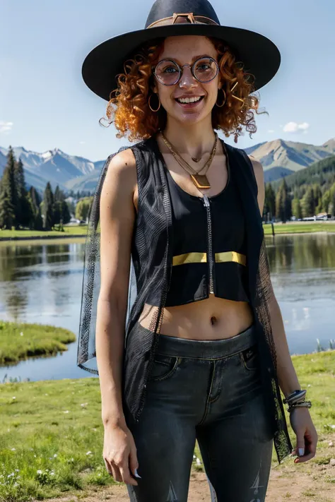 Mikaela, orange hair, blue eyes, curly hair, round glasses,black hat, small blue feather, black vest, midriff, see-through jacket, necklace, earrings, black pants, looking at viewer, smiling, medium shot, standing, outside, park, grass, lake, mountain, winter, blue sky, high quality, masterpiece, <lora:MikaelaReid-10DBDv8:.8>