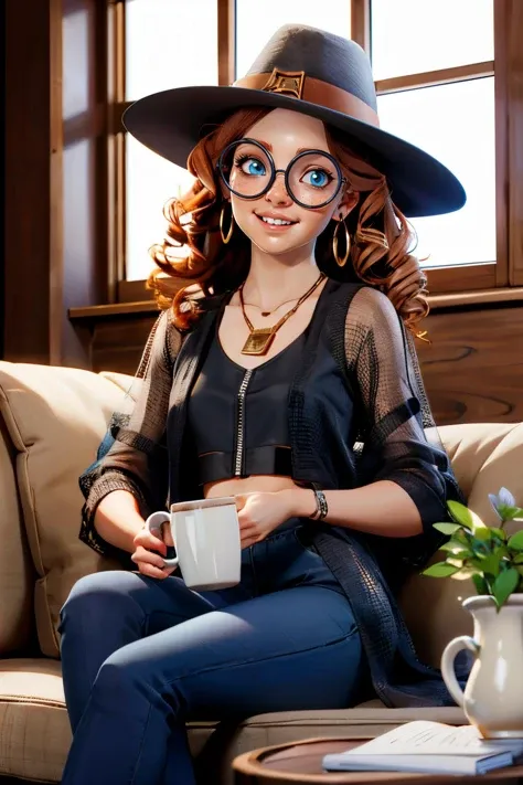 Mikaela, orange hair, blue eyes, curly hair, round glasses,black hat, small blue feather, black vest, midriff, see-through jacket, necklace, earrings, black pants, looking at viewer, smiling, happy teeth, sitting, on sofa, holding mug, inside cozy living room, window, night time, high quality, masterpiece,  <lora:MikaelaReid-10DBDv8:.8>