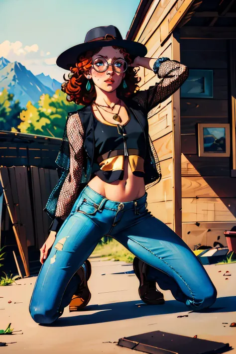 Mikaela, orange hair, blue eyes, curly hair, round glasses, hat, small blue feather, black vest, midriff, see-through jacket, necklace, earrings, pants, looking at viewer, serious, parted lips, blush, kneeling, spreading legs, hands behind head, inside shack, messy, high quality, masterpiece, <lora:MikaelaReid-10DBDv8:.8>