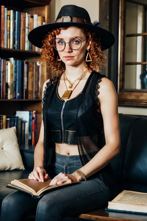 Mikaela, orange hair, blue eyes, curly hair, round glasses,black hat, small blue feather, black vest, midriff, see-through jacket, necklace, earrings, black pants, looking at viewer, serious, sitting, inside living room, holding a book, plant, book shelve, soft lighting,high quality, masterpiece, <lora:MikaelaReid-10DBDv8:.8>