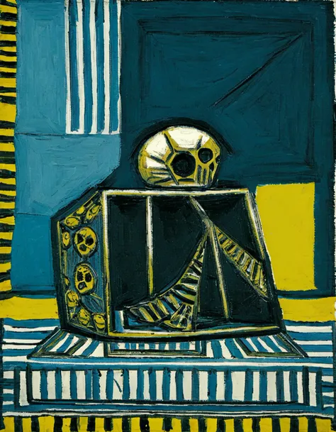<lora:p5c0:0.75>p5c0 skull on striped tablecloth with blue and yellow background
