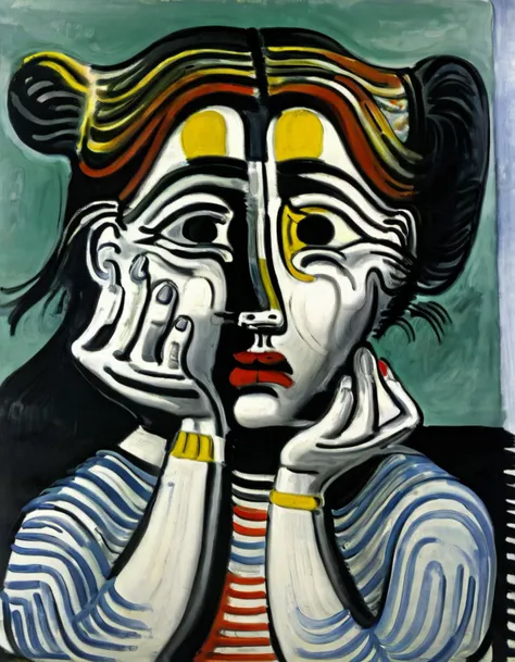 <lora:p5c0:1>p5c0 woman resting her head on her hands