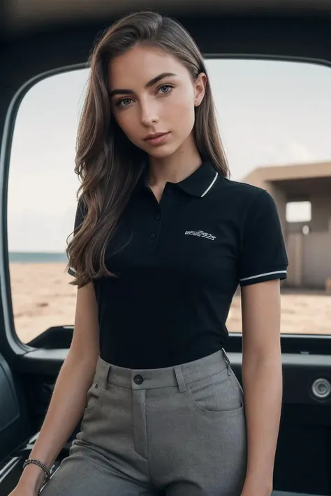 photo of Ann4L0u1s3_HM-135, a woman, perfect hair, (modern photo), wearing polo shirt and khakis, 20mm short telephoto (analog, cinematic, film grain:1.3), Martian Mining Outpost, Remote outpost with drilling rigs, robotic mining, and resource transport., detailed eyes, professional pose, (epiCPhoto), (looking at viewer:1.1), (cinematic shot:1.3), (broad style lighting), OverallDetail, SkinHairDetail