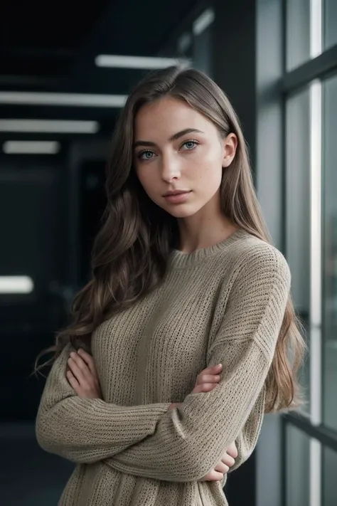 photo of Ann4L0u1s3_HM-135, a woman, perfect hair, (modern photo), wearing long sweater and slacks, 200mm standard (analog, cinematic, film grain:1.3), Quantum Computing Lab, Research facility with superconducting qubits, quantum algorithms, and entanglement experiments., detailed eyes, professional pose, (epiCPhoto), (looking at viewer:1.1), (cinematic shot:1.3), (short style lighting), OverallDetail, SkinHairDetail