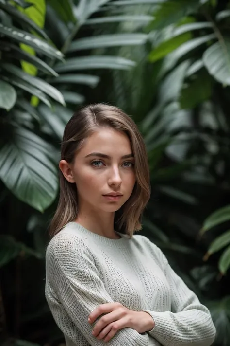 photo of Ann4L0u1s3_HM-135, a woman, perfect hair, (modern photo), wearing long sweater and slacks, 85mm standard (analog, cinematic, film grain:1.3), Bioluminescent Jungle, Dense jungle of glowing plants and creatures., detailed eyes, professional pose, (epiCPhoto), (looking at viewer:1.1), (cinematic shot:1.3), (butterfly style lighting), OverallDetail, SkinHairDetail