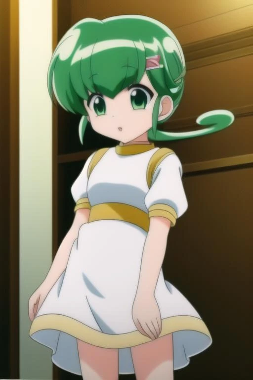 <lora:hiiragi_rokuna-06:0.7>, hiiragi rokuna,
1girl, solo, white dress, hairclip, belt, green hair, parody, casual, 8k, masterpiece, absurdres, anime,