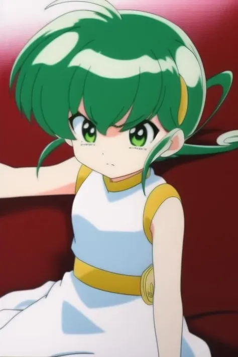 <lora:hiiragi_rokuna-06:0.7>, hiiragi rokuna,
1girl, solo, white dress, hairclip, belt, green hair, parody, casual, 8k, masterpiece, absurdres, anime, angry face