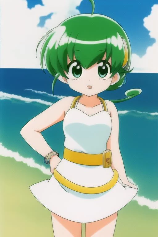 <lora:hiiragi_rokuna-06:0.7>, hiiragi rokuna,
1girl, solo, white dress, hairclip, belt, green hair, parody, casual, 8k, masterpiece, absurdres, anime, in bikini, playing on a beach