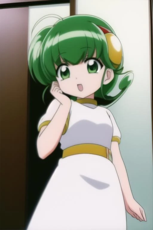 <lora:hiiragi_rokuna-06:0.7>, hiiragi rokuna,
1girl, solo, white dress, hairclip, belt, green hair, parody, casual, 8k, masterpiece, absurdres, anime,