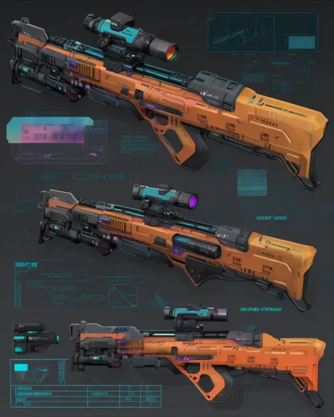 a ultra realistic rifle, concept art, diagram, specs sheet, cyberpunk, product photo, Vaporwave vibes , Chromatic , Space colonization , Lunar outpost , <lora:Cyber_Rifle:1.0>
