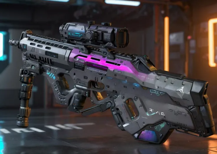 a ultra realistic rifle, cyberpunk, raytracing , combat, Hologram , Virtual reality , Cybersuit , AI artwork , cod , cinematic<lora:Cyber_Rifle:1.0>