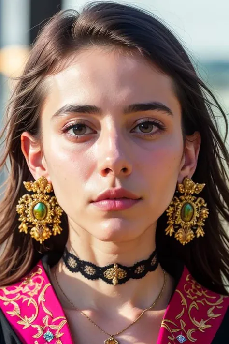 portrait of emb-shvedchenko-v10, jewelry,earrings, bobby pin,, clip-on earrings, muumuu, worried look, RAW, best quality, masterpiece, ultra-detailed, photorealistic, hyperdetailed, hyperrealism, 8k, full sharp, (extremely detailed eyes, extremely detailed face), detailed skin, textured skin, insane details, soft lighting, UHD, looking at viewer, volumetric lighting, intricate details, sharp focus, absurdres, highres, style by Victor Adame Minguez, bold, bright colours, by Sakulchai Sikitikul , bloom, fujifilm xt-4, film strip,