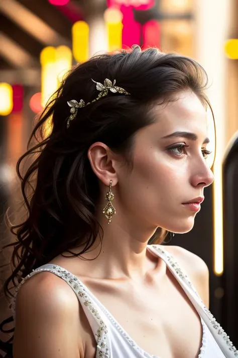 portrait of emb-shvedchenko-v10, jewelry,earrings, bobby pin,, zipper earrings, mididress, worried look, RAW, best quality, masterpiece, ultra-detailed, photorealistic, hyperdetailed, hyperrealism, 8k, full sharp, (extremely detailed eyes, extremely detailed face), detailed skin, textured skin, insane details, soft lighting, UHD, looking at viewer, volumetric lighting, intricate details, sharp focus, absurdres, highres, style by Franck Tacito, bold, bright colours, by Jane Fulton-alt , bloom, fujifilm xt-4, film strip,
