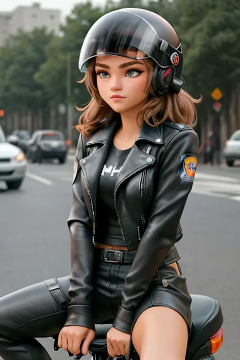 z3nd4y4, 1girl sitting on a bike, leather jacket, motorcycle helmet <lora:z3nd4y4:0.8>