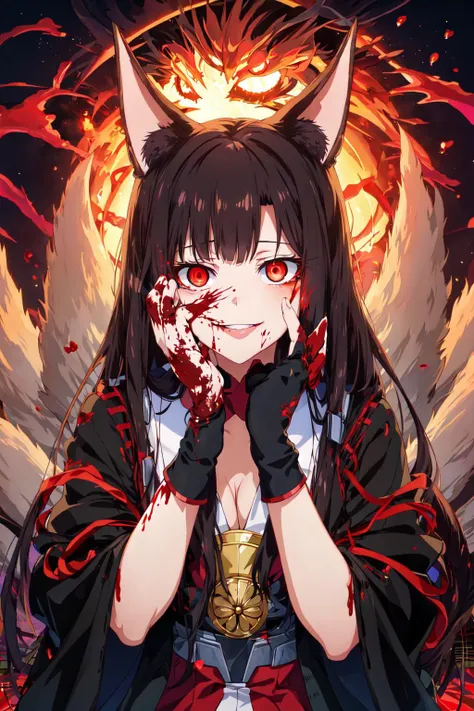 best quality masterpiece, AkagiV5, 1girl, solo, black hair, black kimono, brown tail, partially fingerless gloves, japanese clothes, kimono, long hair, looking at viewer, ((red eyes)), smile, glowing eyes, hands on own face, spider lily, sakuramon, ((blood swirl)), (yandere:1.4), (glowing eyes:1.4), crazy eyes, <lora:AkagiV5-10:1>