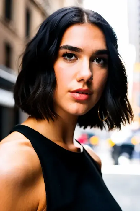 RAW photo, a medium shot portrait photo of <lora:LoraDuaV768:1> in a black dress, (full body:0.8), (looking at viewer:1), long haircut, slim body, new york street background, (highly detailed skin: 1.2), 8k uhd, dslr, soft lighting, high quality, film grain, Fujifilm XT3