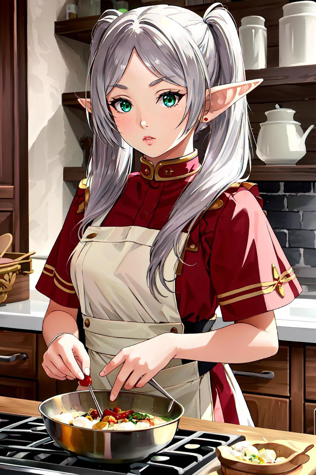 (masterpiece, best quality), intricate details,
1girl, <lora:frierenv2-lora-nochekaiser:0.8> frieren, long hair, twintails, (green eyes:1.1), grey hair, pointy ears, elf, small breasts,
<lora:edgBloodElfApron:0.8> edgBE, red and gold apron, wearing (edgBE edgApron), elf
kitchen, cooking, food, indoors,