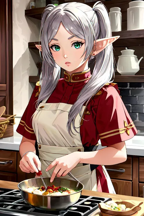 (masterpiece, best quality),  intricate details,
1girl,     <lora:frierenv2-lora-nochekaiser:0.8> frieren, long hair, twintails, (green eyes:1.1), grey hair, pointy ears, elf, small breasts, 
 <lora:edgBloodElfApron:0.8> edgBE,  red and gold apron, wearing (edgBE edgApron), elf
kitchen, cooking, food, indoors,