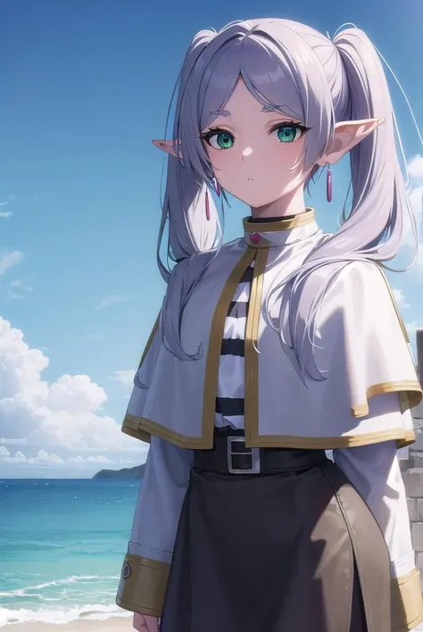 frieren, <lora:frierenv2-lora-nochekaiser:1>,
frieren, long hair, twintails, (green eyes:1.5), grey hair, pointy ears, elf,
BREAK shirt, long sleeves, jewelry, pantyhose, earrings, striped, black pantyhose, capelet, striped shirt,
BREAK outdoors, sky, nature,
BREAK looking at viewer, (cowboy shot:1.5),
BREAK <lyco:GoodHands-beta2:1>, (masterpiece:1.2), best quality, high resolution, unity 8k wallpaper, (illustration:0.8), (beautiful detailed eyes:1.6), extremely detailed face, perfect lighting, extremely detailed CG, (perfect hands, perfect anatomy),