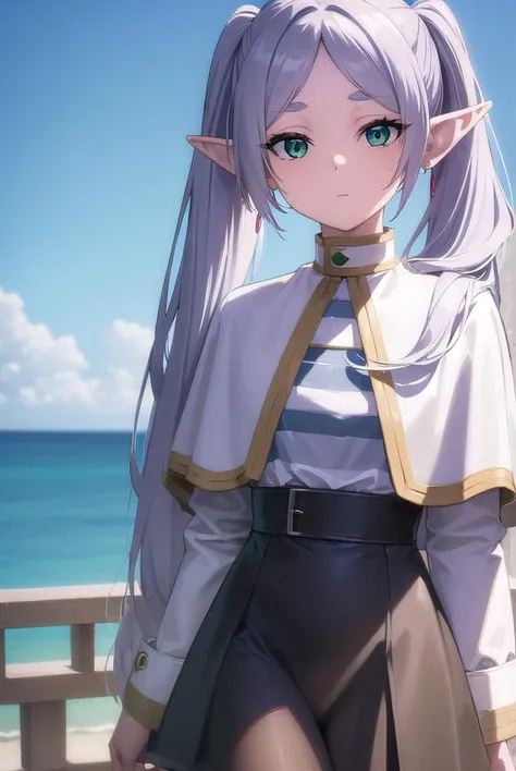 frieren, <lora:frierenv2-lora-nochekaiser:1>,
frieren, long hair, twintails, (green eyes:1.5), grey hair, pointy ears, elf,
BREAK shirt, long sleeves, jewelry, pantyhose, earrings, striped, black pantyhose, capelet, striped shirt,
BREAK outdoors, sky, nature,
BREAK looking at viewer, (cowboy shot:1.5),
BREAK <lyco:GoodHands-beta2:1>, (masterpiece:1.2), best quality, high resolution, unity 8k wallpaper, (illustration:0.8), (beautiful detailed eyes:1.6), extremely detailed face, perfect lighting, extremely detailed CG, (perfect hands, perfect anatomy),