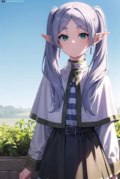 frieren, <lora:frierenv2-lora-nochekaiser:1>,
frieren, long hair, twintails, (green eyes:1.5), grey hair, pointy ears, elf,
BREAK shirt, long sleeves, jewelry, pantyhose, earrings, striped, black pantyhose, capelet, striped shirt,
BREAK outdoors, sky, nature,
BREAK looking at viewer, (cowboy shot:1.5),
BREAK <lyco:GoodHands-beta2:1>, (masterpiece:1.2), best quality, high resolution, unity 8k wallpaper, (illustration:0.8), (beautiful detailed eyes:1.6), extremely detailed face, perfect lighting, extremely detailed CG, (perfect hands, perfect anatomy),