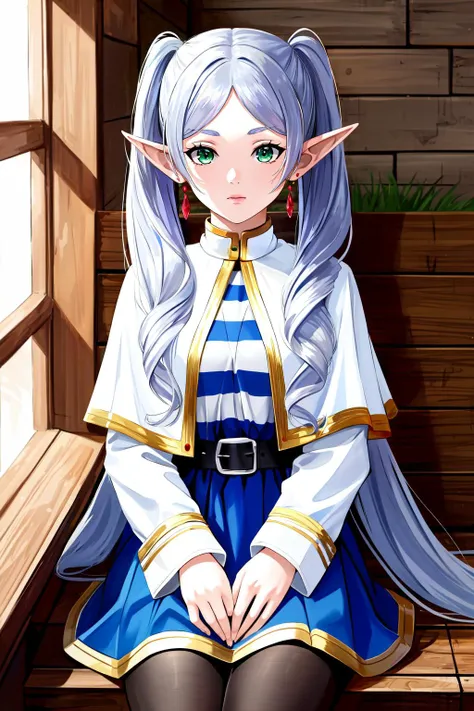 (masterpiece, best quality), intricate details,
1girl, <lora:frierenv2-lora-nochekaiser:0.8> frieren, long hair, twintails, (green eyes:1.5), grey hair, pointy ears, elf,, shirt, long sleeves, jewelry, pantyhose, earrings, striped, black pantyhose, capelet, striped shirt,