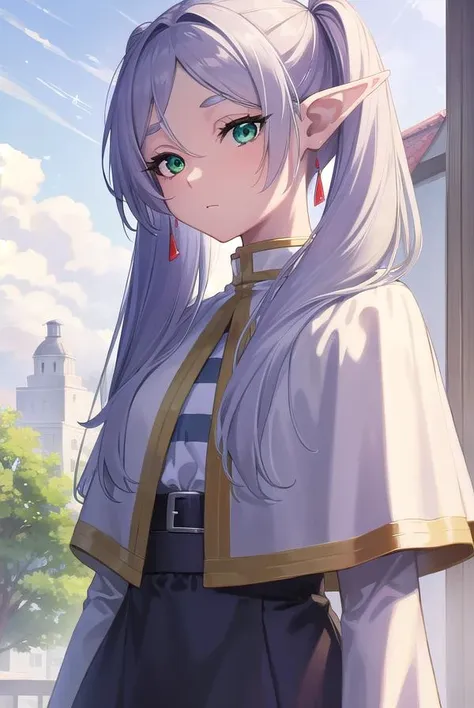 frieren, <lora:frierenv2-lora-nochekaiser:1>,
frieren, long hair, twintails, (green eyes:1.5), grey hair, pointy ears, elf,
BREAK shirt, long sleeves, jewelry, pantyhose, earrings, striped, black pantyhose, capelet, striped shirt,
BREAK outdoors, sky, nature,
BREAK looking at viewer, (cowboy shot:1.5),
BREAK <lyco:GoodHands-beta2:1>, (masterpiece:1.2), best quality, high resolution, unity 8k wallpaper, (illustration:0.8), (beautiful detailed eyes:1.6), extremely detailed face, perfect lighting, extremely detailed CG, (perfect hands, perfect anatomy),