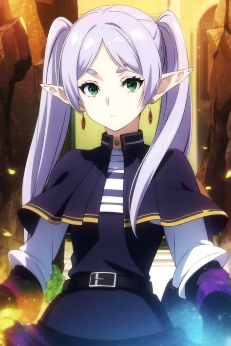 masterpiece, best quality, movie still, 1girl, <lora:frierenv2-lora-nochekaiser:0.70>, frieren, long hair, twintails, (green eyes:1.5), grey hair, pointy ears, elf, shirt, long sleeves, jewelry, pantyhose, earrings, striped, black pantyhose, capelet, striped shirt, solo, looking at viewer, upper body, depth of field, , , The Crystal Cave: A fantastical place where gemstones and crystals grow in abundance, 2k resolution, <lora:shokugeki_no_souma_style:0.86>, shokugeki_no_souma_style