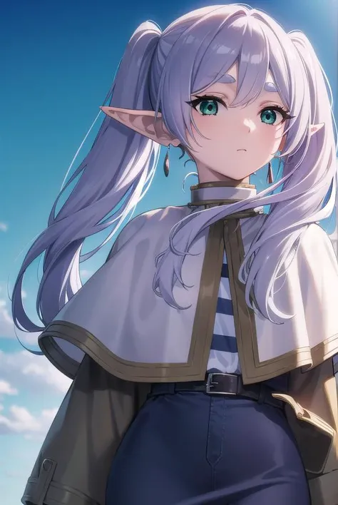 frieren, <lyco:frierenv2-lyco-nochekaiser:1>,
frieren, long hair, twintails, (green eyes:1.5), grey hair, pointy ears, elf,
BREAK shirt, long sleeves, jewelry, pantyhose, earrings, striped, black pantyhose, capelet, striped shirt,
BREAK outdoors, sky, nature,
BREAK looking at viewer, (cowboy shot:1.5),
BREAK <lyco:GoodHands-beta2:1>, (masterpiece:1.2), best quality, high resolution, unity 8k wallpaper, (illustration:0.8), (beautiful detailed eyes:1.6), extremely detailed face, perfect lighting, extremely detailed CG, (perfect hands, perfect anatomy),