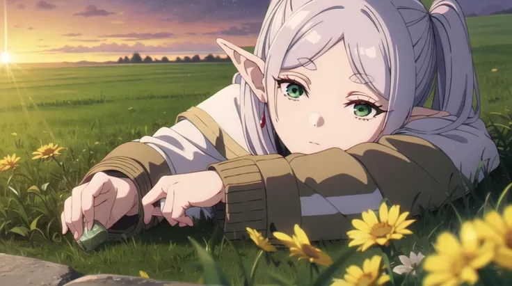 <lora:GoodHands-beta2:1>,<lora:frieren-lora-nochekaiser:1>,frieren,solo,long hair,twintails,(green eyes:1.5),grey hair,pointy ears,elf,BREAK shirt,long sleeves,jewelry,pantyhose,earrings,striped,black pantyhose,capelet,striped shirt,BREAK looking at viewer,upper body,(full body:1.1),BREAK outdoors,sky,nature,painting,(masterpiece:1.2),best quality,high resolution,unity 8k wallpaper,(illustration:0.8),(beautiful detailed eyes:1.5),extremely detailed face,perfect lighting,extremely detailed CG,(perfect hands, perfect anatomy),beautiful and delicate water,the finest grass,very delicate light,water spray,breeze,flowers and grass meadow,near the water edge,(sunset, starry sky in a circle),randomly distributed clouds,river,splashing water,falling petals,
