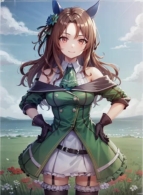 ((masterpiece, best quality)),<lora:King Halo:0.5>,1girl,horse ears,medium_breasts,thighhighs,(flower sea),((standing)),smile,cloudy sky,hand on hip