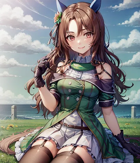 ((masterpiece, best quality)),<lora:King Halo:0.5>,1girl,horse ears,medium_breasts,thighhighs,(flower sea),((sitting)),smile,cloudy sky,arm support