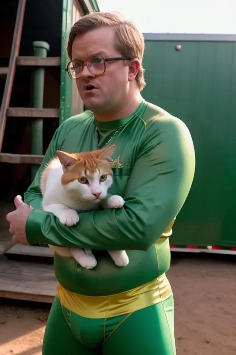 RAW photo, upper body, photo of tpbBubbles, holding a cat in hands, man wearing a shiny wrestling costume, (green spandex outfit:1), man in a shed, (trailer park:1.2), detailed iris, detailed lip texture, (high detail skin:1.3), Fujifilm XT3, trending on ArtStation, trending on CGSociety, Intricate, High Detail, Sharp focus, dramatic, stunning, hdr, subsurface scattering, global illumination, film still, Film-like, bokeh, 3d, vivid color/raytraced/warm colors, photorealistic painting art by midjourney and greg rutkowski, cinematic, 40mm f/2.8, remastered, 8k, 4k uhd, crisp details, ultra detailed