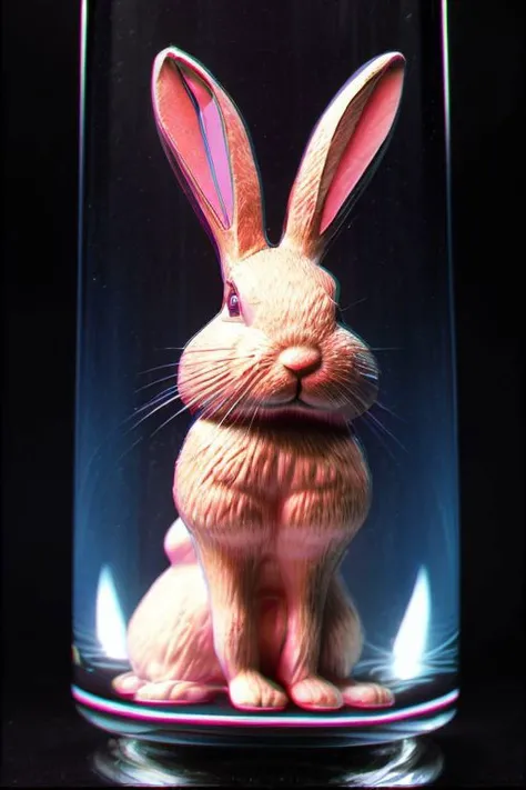 <lora:ChromaticAberration:1> 80s sun vintage retro synthwave portrait of a (rabbit glass animal:1.3) wearing a backward hiphop cap