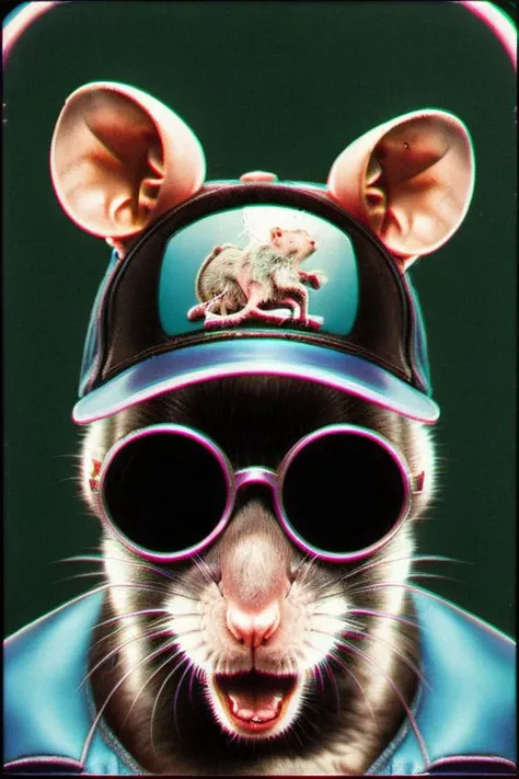 <lora:ChromaticAberration:1> 80s sun vintage retro synthwave portrait of a (rat glass animal:1.3) wearing a backward hiphop cap