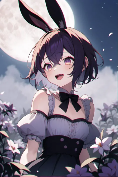 (masterpiece, best quality:1.2), illustration, absurdres, highres, extremely detailed, 1 petite girl, white short hair, rabbit ears, red eyes, eye highlights, dress, short puffy sleeves, frills, outdoors, flower, fluttering petals, upper body, (moon:1.2), night, depth of field, (:d:0.8), chromatic aberration abuse,pastel color, Depth of field,garden of the sun,shiny,Purple tint,(Purple fog:1.3)
<lora:ChromaticAberration:1>