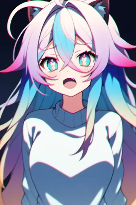 1girl, solo, cat ears, multicolored hair, ((gradient hair), white+(blue)+(pink:0.5) hair//), very long hair, messy hair, bangs, ahoge, ((gradient eyes), pink+light_blue eyes//), slit pupils, glowing eyes, 1fang,
:o,
white sweater,, masterpiece, best quality,
<lora:ChromaticAberration:1>