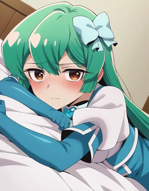 score_9, score_8_up, score_7_up, source_anime,
sayominakami, <lora:sayo-minakami-ponyxl-lora-nochekaiser:1>
sayo minakami, long hair, brown eyes, bow, hair bow, green hair,
skirt, gloves, boots, elbow gloves, magical girl, blue gloves,
indoors, bed, bed room, on side, blush, drunk,
looking at viewer, dutch angle, cowboy shot