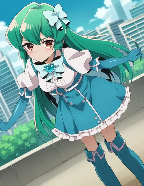 score_9, score_8_up, score_7_up, source_anime,
sayominakami, <lora:sayo-minakami-ponyxl-lora-nochekaiser:1>
sayo minakami, long hair, brown eyes, bow, hair bow, green hair,
skirt, gloves, boots, elbow gloves, magical girl, blue gloves,
outdoors, cityscape, bent over,
looking at viewer, dutch angle, cowboy shot