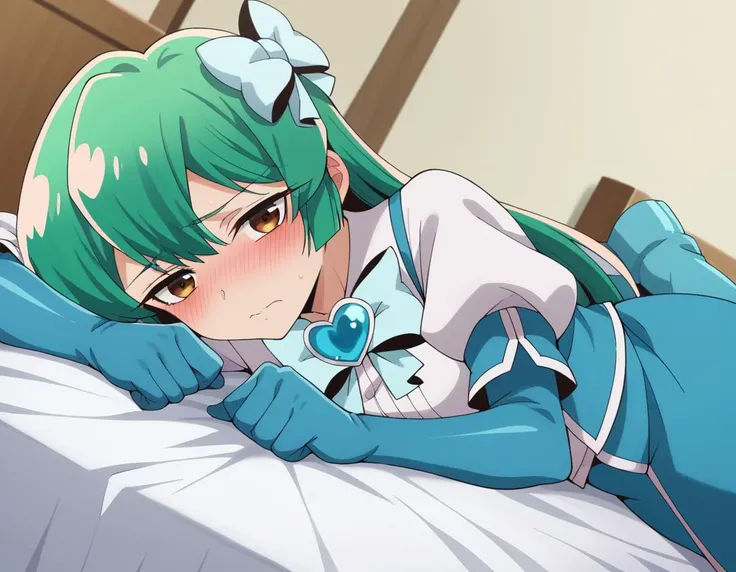 score_9, score_8_up, score_7_up, source_anime,
sayominakami, <lora:sayo-minakami-ponyxl-lora-nochekaiser:1>
sayo minakami, long hair, brown eyes, bow, hair bow, green hair,
skirt, gloves, boots, elbow gloves, magical girl, blue gloves,
indoors, bed, bed room, on side, blush, drunk,
looking at viewer, dutch angle, cowboy shot