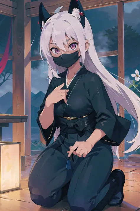 (masterpiece, best_quality, ultra-detailed, immaculate:1.3), epic, illustration, cyberpunk ,renegade lord villainess, silk , hakama trousers, kitsune mask,shiny peach hair, hair rings, (dark skin:1.3), small breasts, slim figure, short, on one knee, moonlit night, in a galactic, Egyptian hellscape, in a spring, aquatic dining hall, bombshell hair, silver hair, very long hair,Undercut, folded<lora:EnvyBeautyMix33:1>