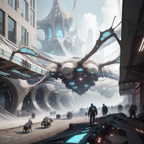 <lora:WebbedTech-20:0.8>, webbedtech , scifi, fuzzy organic webs,
shopping district , (crowded),