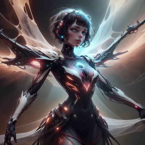 <lora:WebbedTech-20:0.8>, webbedtech , scifi, fuzzy organic webs,
1girl, dress,green eyes, short hair, cowboy shot,
<lora:RetrowaveTech-20:0.65> retrowavetech, virtual, vaporwave, wirefrme ,