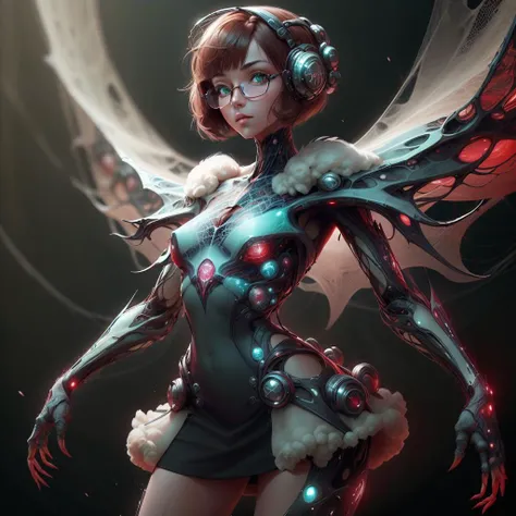 <lora:WebbedTech-20:0.8>, webbedtech , scifi, fuzzy organic webs, (simple background:1.3),
1girl, dress,green eyes, cowboy shot, glasses, red eyes, brown hair, suit, miniskirt, bob cut,
<lora:DemonicTech-20:0.75> demonictech