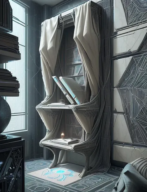 webbedtech female Secure Data Storage Vault, Enigmatic Hieroglyphs,Bookshelf,Mysterious Artifact,Curtains, Terrazzo Flooring and Gothic Tapestry Weave tapestry and Gneiss, Wall Sconces, Fiber Optic Lighting, cyberpunk, sci-fi ,  fuzzy organic webs, scifi, detailed <lora:WebbedTech:0.8>