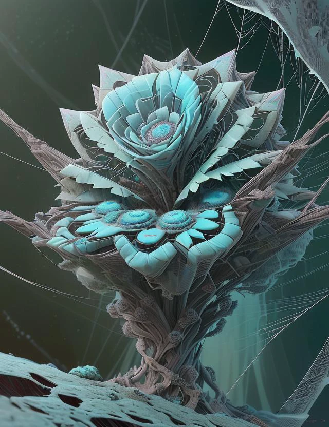 webbedtech female Delicate DeepTurquoise Clump-Forming Rosette plant, Banded Pome fruit, Filamentous, Synsepalous, Opposite, , fuzzy organic webs, scifi, detailed <lora:WebbedTech:0.8>